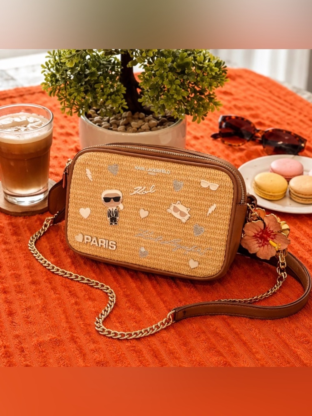Karl Lagerfeld Tan Raffia Crossbody Bag with Logo Strap and Charms